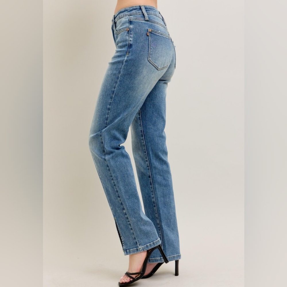Judy Blue High-Rise Split Hem Distressed Straight Leg Boyfriend Jeans Denim Pant - Picture 9 of 16